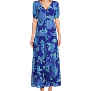 Satin Floral Print V-Neck Short Puff Sleeve Front Slit Button Front Maxi Dress